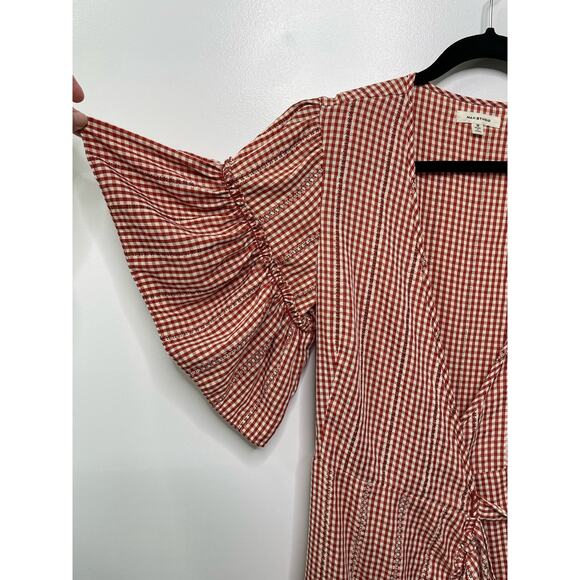 Max Studio Gingham Check Ruffle V Neck Knee Length Wrap Dress Red Women's Medium - Picture 4 of 10
